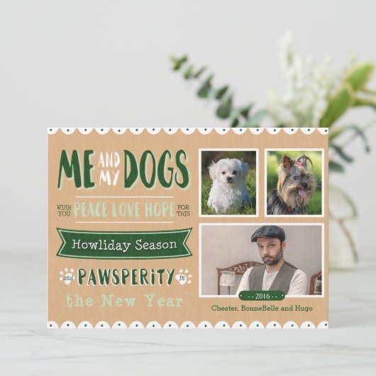 私および私の犬5x7のクリスマスカード(3つの写真) シーズンカード (スタンド正面)