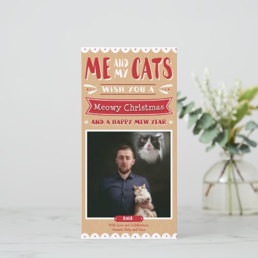 私および私の猫のクリスマスのフォトカード(1つのイメージ) シーズンカード (スタンド正面)