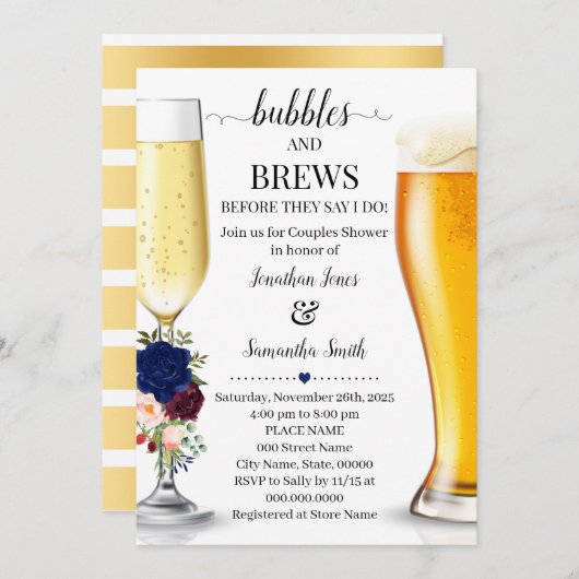 私がカップルシャワーを浴びる前に、海軍の泡と泡 招待状 (正面/裏面)