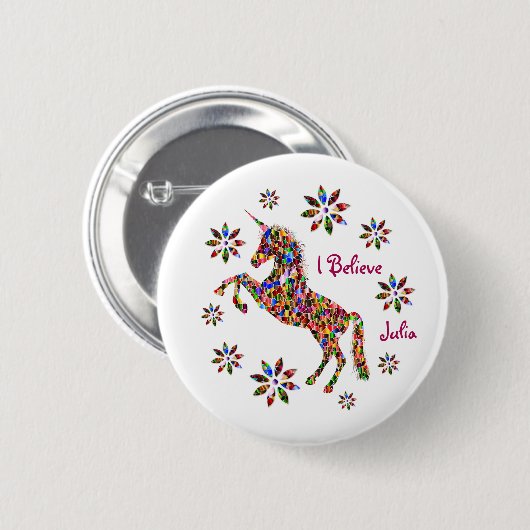 私がパーソナライズした魔法のユニコーン信じの花咲き 缶バッジ (正面&裏面)