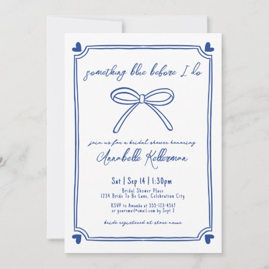 私がブライダルシャワーする前に何か青いお洒落もの 招待状 (正面)
