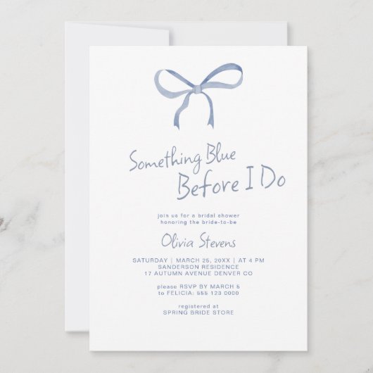 私がブライダルシャワーする前に何か青い弓 招待状 (正面)