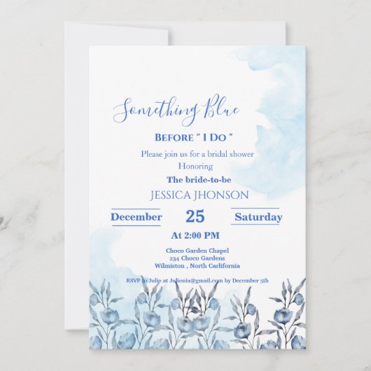 私がブライダルシャワーする前に何か青 招待状 (正面)