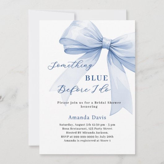 私がブライダルシャワーを弓をする前に何か青い 招待状 (正面)