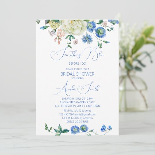 私がブライダルシャワーフローラする前に何か青 招待状 (スタンド正面)