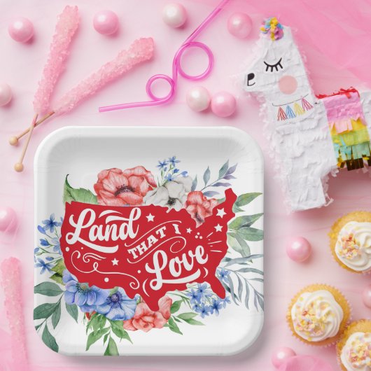 私が愛する赤い白と青のフローラランド ペーパープレート (パーティー)