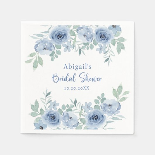 私が行う前に何か青いフローラブライダルシャワー スタンダードカクテルナプキン (正面)