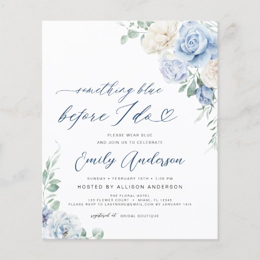 私が行う前に何か青いフローラブライダルシャワー チラシ (正面)