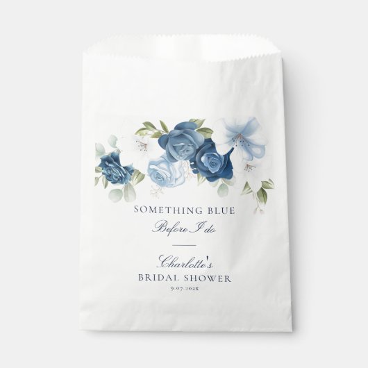 私が行う前に何か青いフローラブライダルシャワー フェイバーバッグ (正面)