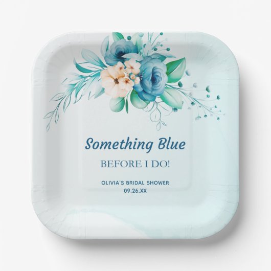 私が行う前に何か青いフローラブライダルシャワー ペーパープレート (正面)