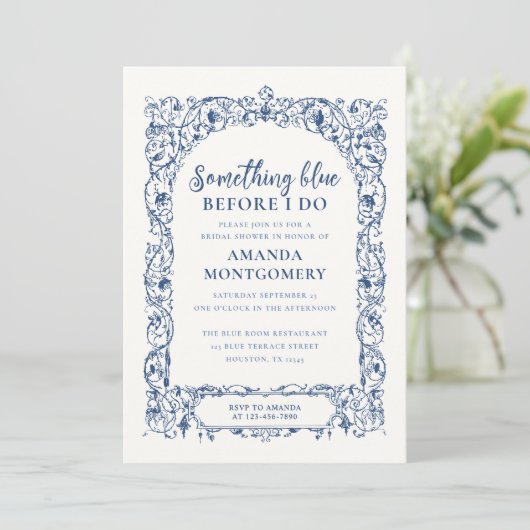 私が行う前に何か青いフローラブライダルシャワー 招待状 (スタンド正面)