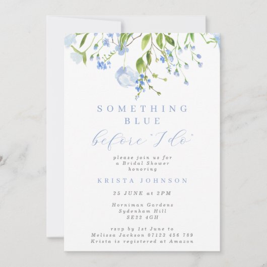 私が行う前に何か青いフローラブライダルシャワー 招待状 (正面)