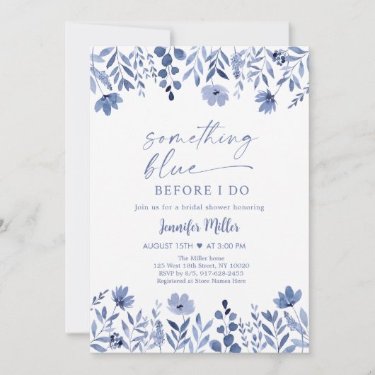 私が行う前に何か青いフローラブライダルシャワー 招待状 (正面)