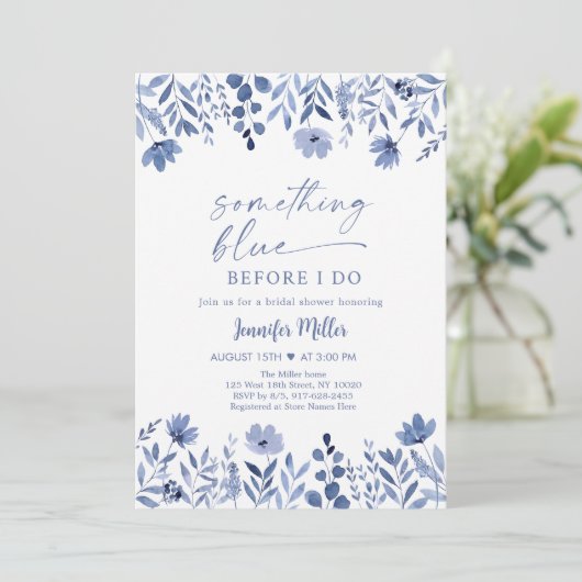 私が行う前に何か青いフローラブライダルシャワー 招待状 (スタンド正面)