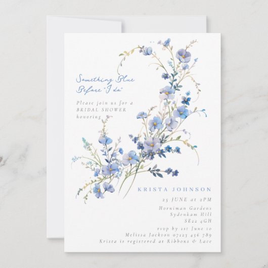 私が行う前に何か青いフローラブライダルシャワー 招待状 (正面)