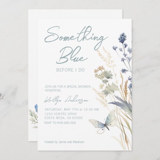 私が行う前に何か青いフローラブライダルシャワー 招待状 (正面/裏面)