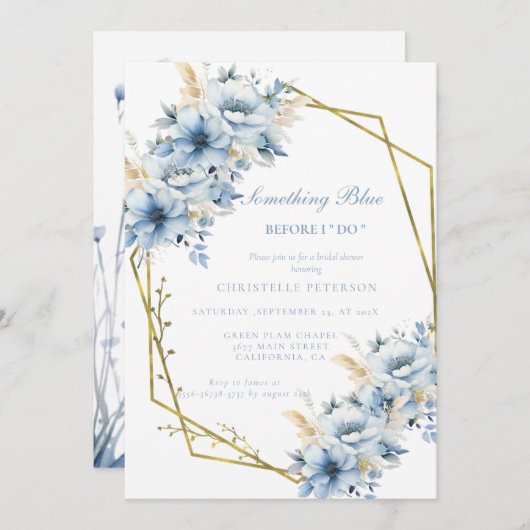 私が行う前に何か青いフローラブライダルシャワー 招待状 (正面/裏面)