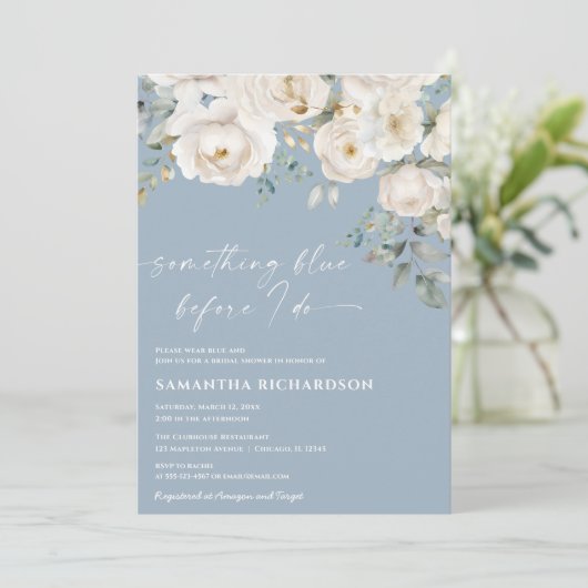 私が行う前に何か青いフローラブライダルシャワー 招待状 (スタンド正面)