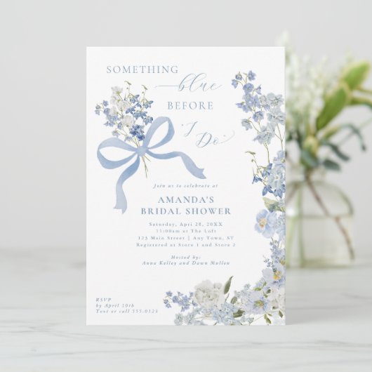 私が行う前に何か青いフローラブライダルシャワー 招待状 (スタンド正面)