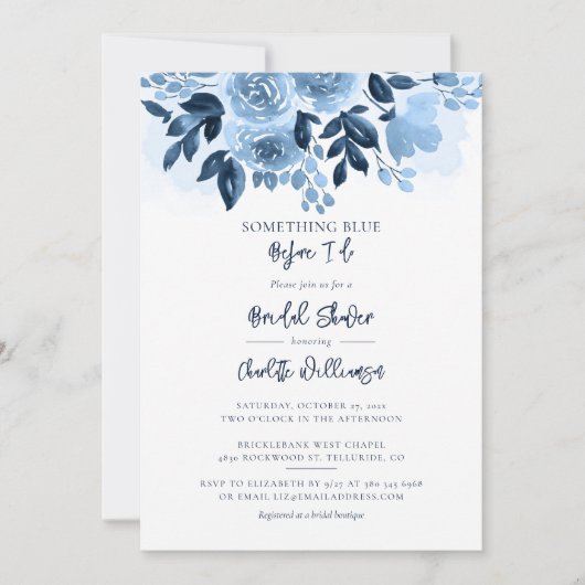 私が行う前に何か青いブライダルシャワーフローラ 招待状 (正面)