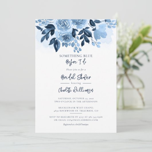 私が行う前に何か青いブライダルシャワーフローラ 招待状 (スタンド正面)
