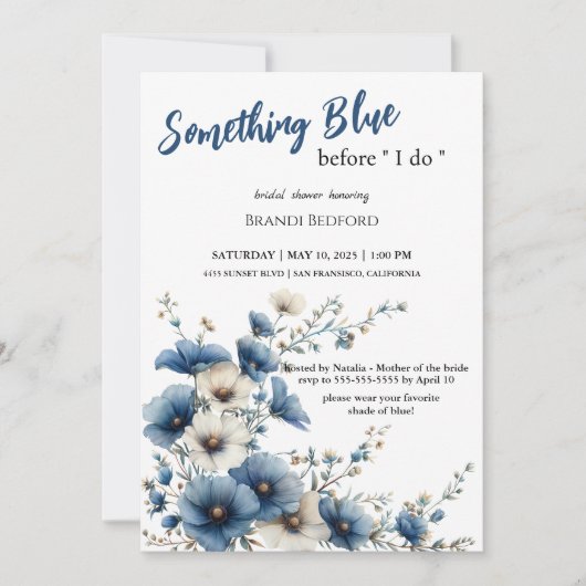 私が行う前に何か青いブライダルシャワー 招待状 (正面)
