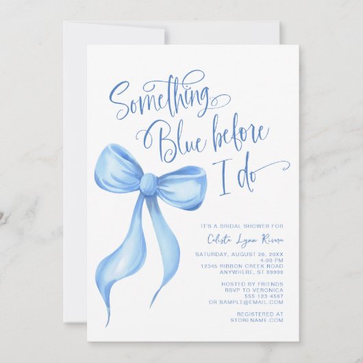 私が行う前に何か青いブライダルシャワー 招待状 (正面)