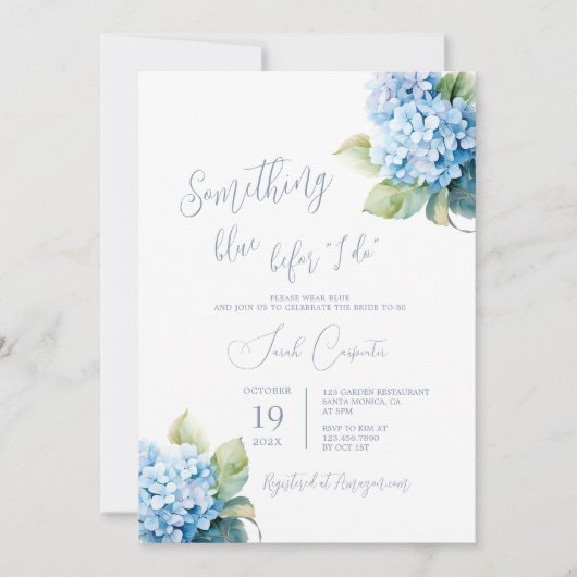 私が行う前に何か青いブライダルシャワー 招待状 (正面)