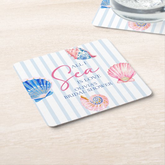 私が見ている海は愛 海の貝 結婚式前パーティー用コースト スクエアペーパーコースター (アングル)
