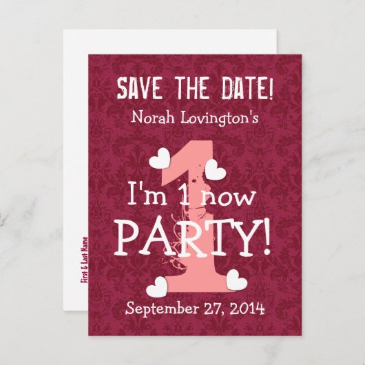 私が1つの誕生日パーティーW01Aワインレッドである日付を保存 案内ポストカード (正面/裏面)