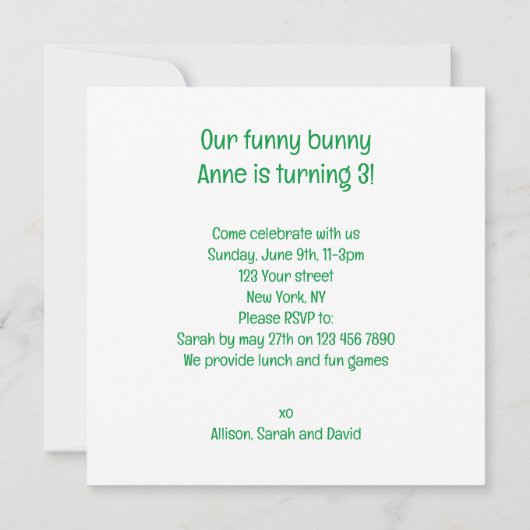 私たちおもしろいのバニー、バニー誕生日の招待 招待状 (裏面)