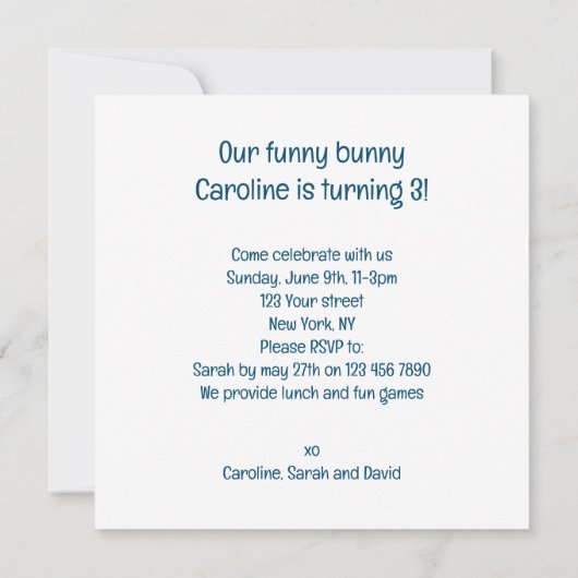 私たちおもしろいのバニー、バニー誕生日の招待 招待状 (裏面)