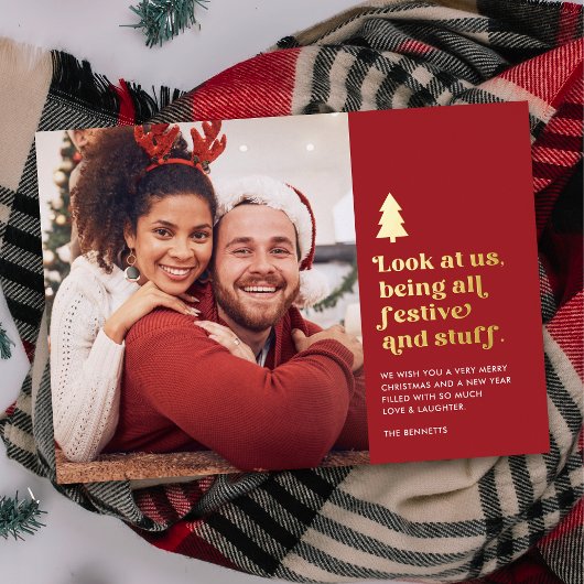 私たちおもしろいを見てクリスマスのフェスティバル写真 箔シーズンカード