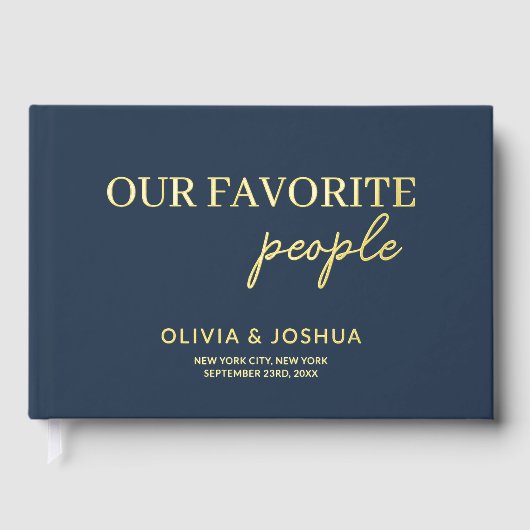 私たちお気に入りののネイビーブルー金ゴールド結婚ズ ゲストブック (正面)