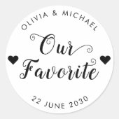 私たちお気に入りの新郎新婦ラベル結婚式の引き出物バッグ ラウンドシール (正面)