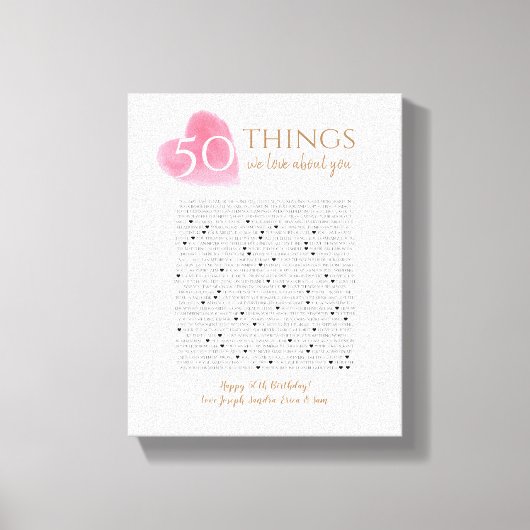 私たちがあなたについて愛する50事の水彩ハートママ キャンバスプリント (正面)