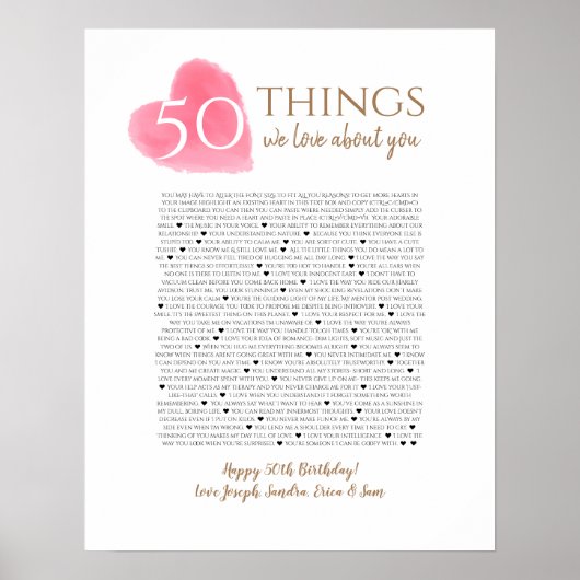 私たちがあなたについて愛する50事の水彩ハートママ ポスター (正面)