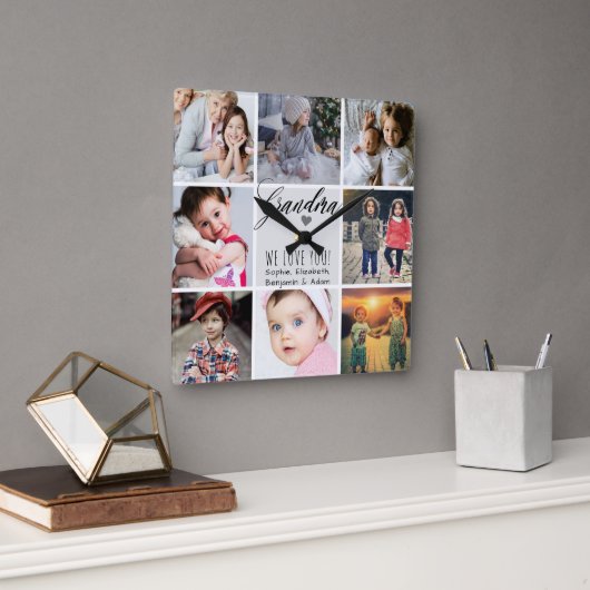 私たちがあなたを愛するおばあちゃん写真コラージュ スクエア壁時計 (オフィス)