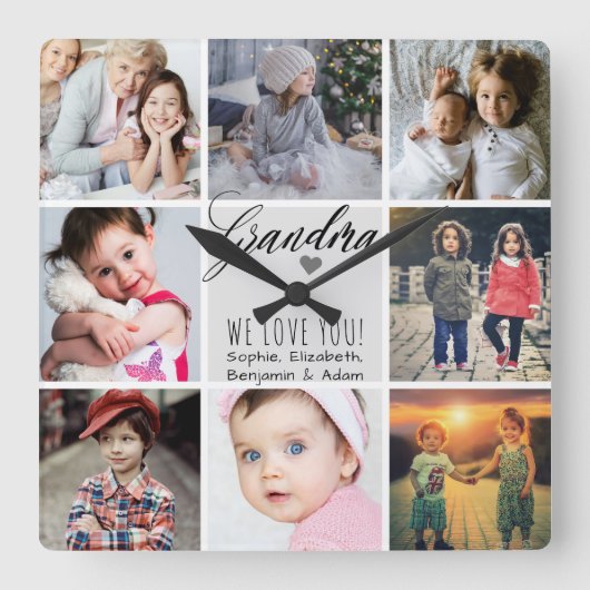 私たちがあなたを愛するおばあちゃん写真コラージュ スクエア壁時計 (正面)
