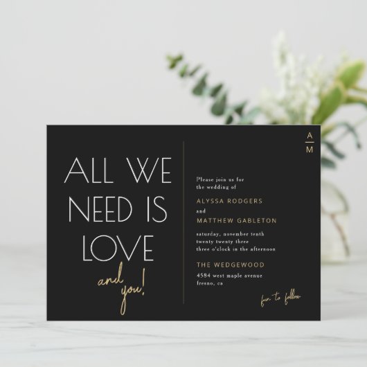 私たちが必要なのは愛だけだ |モダン黒+金ゴールド結婚の 招待状 (スタンド正面)