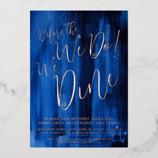 私たちが行う前のサファイアブルーアートリハーサルのディナー 箔招待状 (正面)