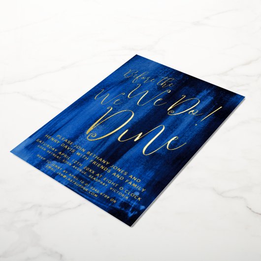 私たちが行う前のサファイアブルーアートリハーサルのディナー 箔招待状 (回転した状態)