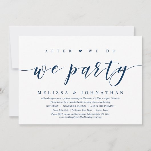 私たちが誓いを交わした後はパーティーをする、結婚式前撮りの夕食会 招待状 (正面)
