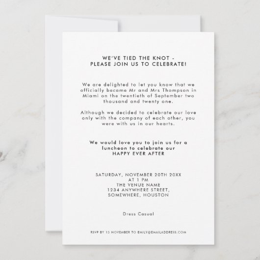 私たちだけで挙式しました お知らせ 写真 招待 黒文字 案内状 (裏面)