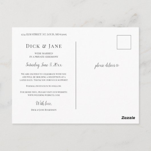 私たちだけで結婚式を挙げました フォト 保存 日付のお知らせ ポストカード (裏面)