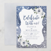 私たちと一緒にお祝いしよう！スパークルブルーのグリッターと花 招待状 (正面/裏面)