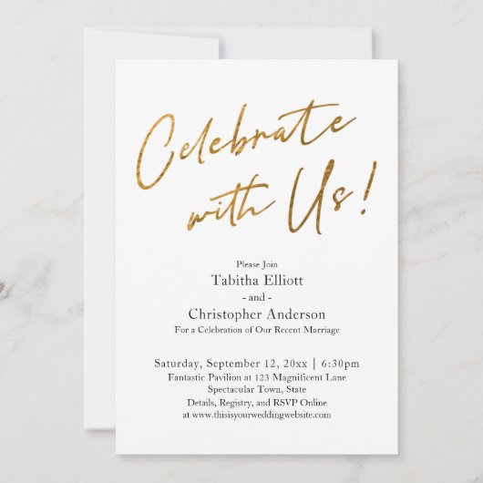 私たちと一緒にお祝いを - 手書きゴールドベーシックレセプション 招待状 (正面)