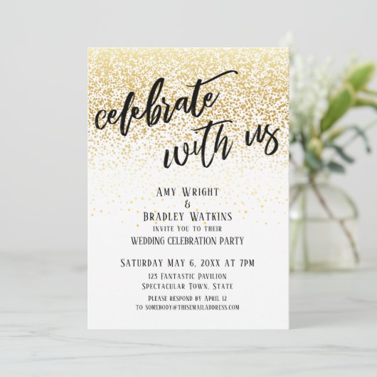 私たちと一緒にカジュアルにお祝いしよう ゴールドコンフェッティ レセプション 招待状 (スタンド正面)
