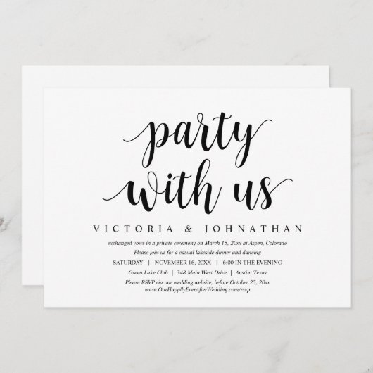 私たちと一緒にパーティーしよう！結婚式、駆け落ち、夕食、ダンス！ 招待状 (正面/裏面)