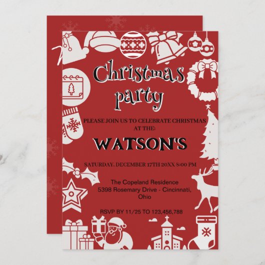 私たちと一緒にホリデーシーズンを祝おう！ハッピーなクリスマスパーティーに参加しよう！ 招待状 (正面/裏面)